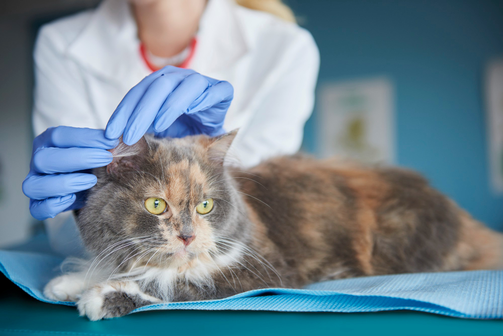 photo vet checking cat's ear condition