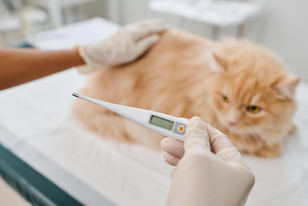 Vet checking cats body temperature